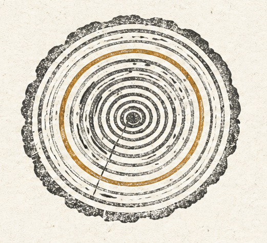 Cross-section of growth rings, one ring picked out in amber.